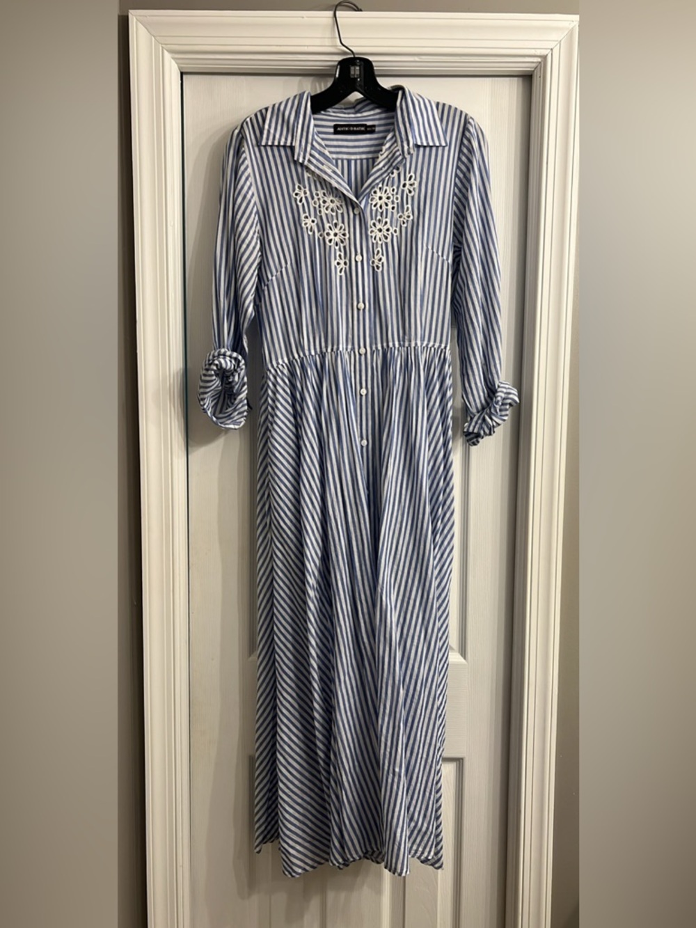 Antik Batik Blue and White Striped Shirt Dress with Lace Detail